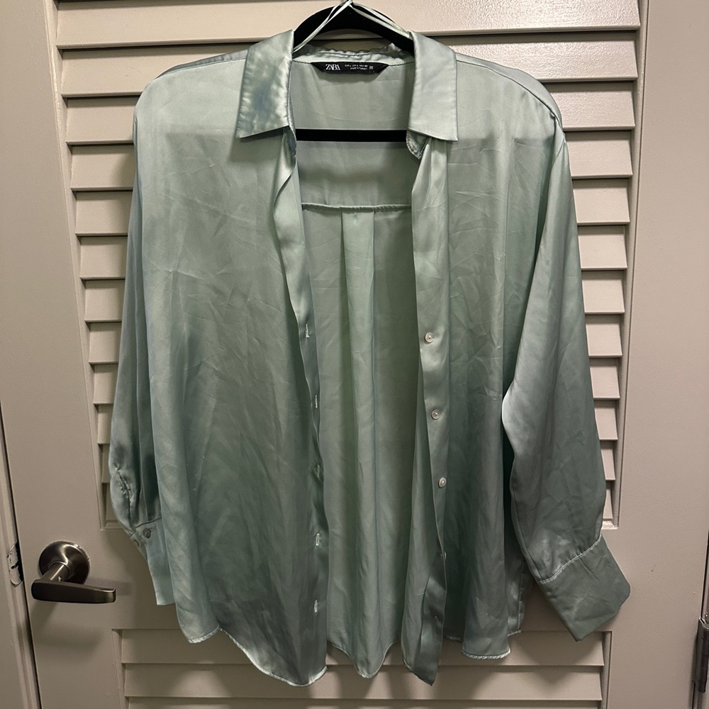ZARA Satin Button-Down Shirt in Mint Green